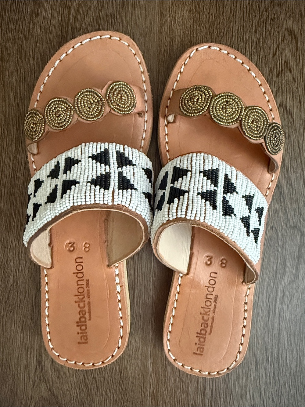 laidbacklondon Tan Beaded Slide Sandals - White & Black Beads